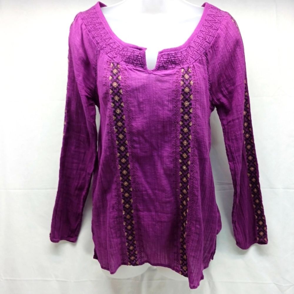Nine West Embroidered Gauze Tunic/Blouse Smocked Scoop Collar Women's S Purple. - Picture 5 of 10